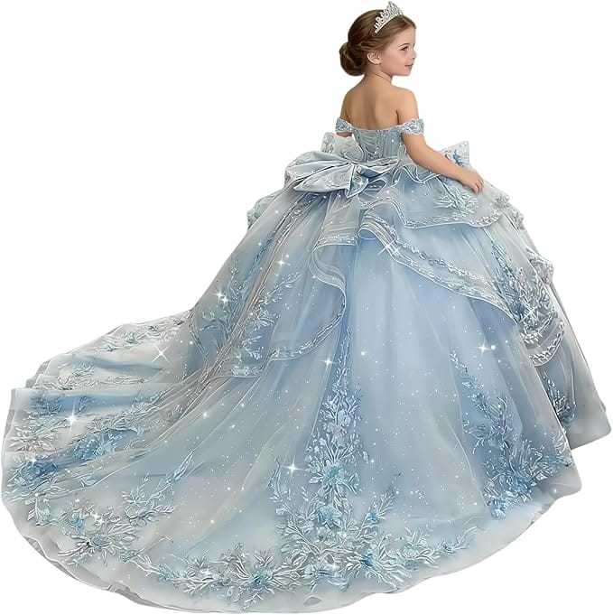 18m / Light Blue Sunnypetal Glitter Layered Tulle Off-Shoulder Girls Pageant Ball Gown with Dramatic Train &amp; Bow