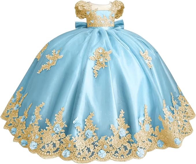 18m / Light Blue Sunnypetal Gold Appliqué 3D Floral Beaded Flower Girl Dress with Bow and Train