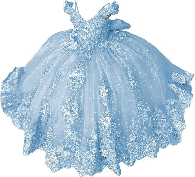 18m / Light Blue Sunnypetal Lace Appliqué 3D Flower Girl Dress with Bow for First Communion &amp; Pageant