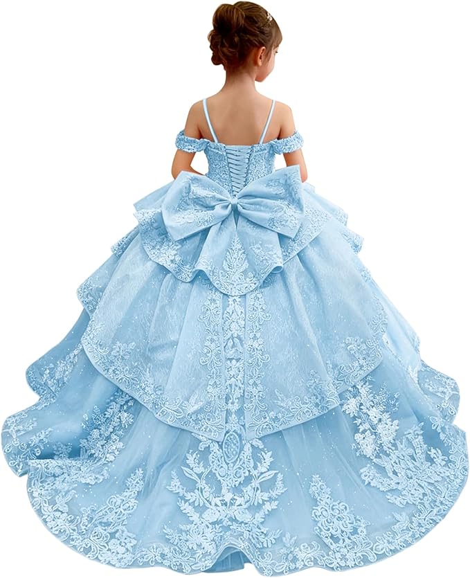 18m / Light Blue Sunnypetal Lace Appliqué Layered Tulle Ball Gown Flower Girl Pageant Dress with Bow