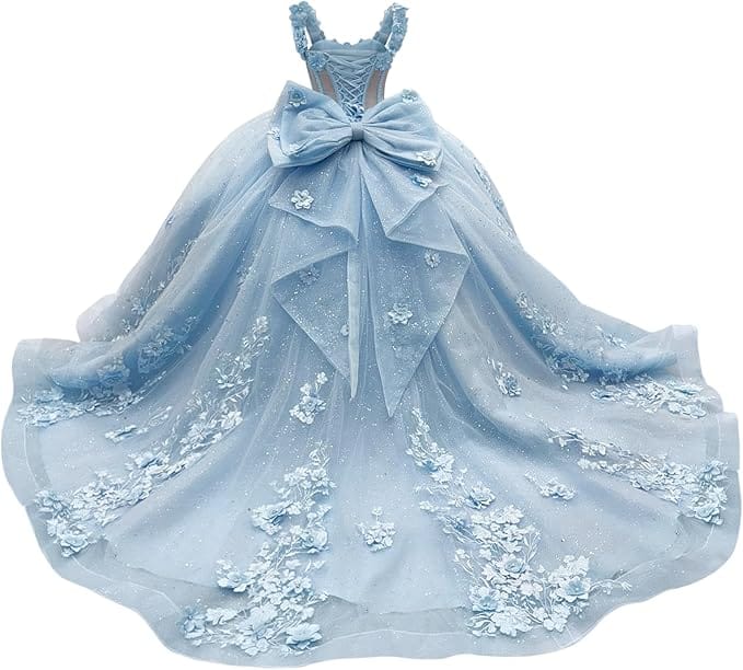 18m / Light Blue Sunnypetal Light Blue 3D Floral Appliqué Tulle Ball Gown Flower Girl Dress with Bow