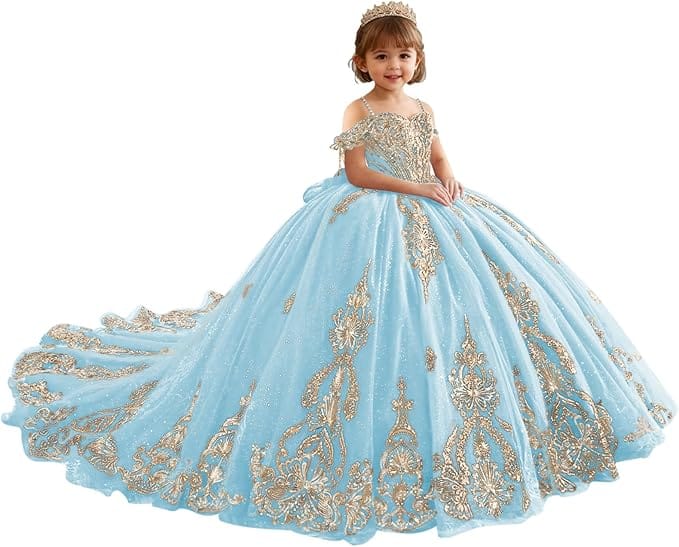 18m / Light Blue Sunnypetal Luxury Red Gold Embroidery Tulle Ball Gown Flower Girl Dress with Bow