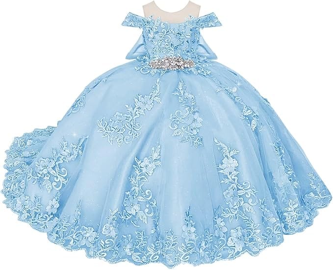 18m / Light Blue Sunnypetal Off-Shoulder Lace Appliques Tulle Flower Ball Gown Dresses with Bow