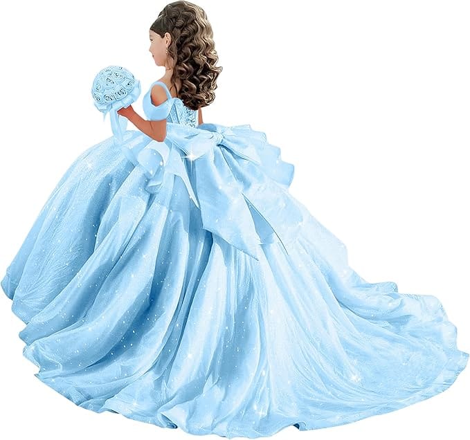 18m / Light Blue Sunnypetal Off-Shoulder Sweetheart Glitter Tulle Flower Girl Dress with Pearls Bow
