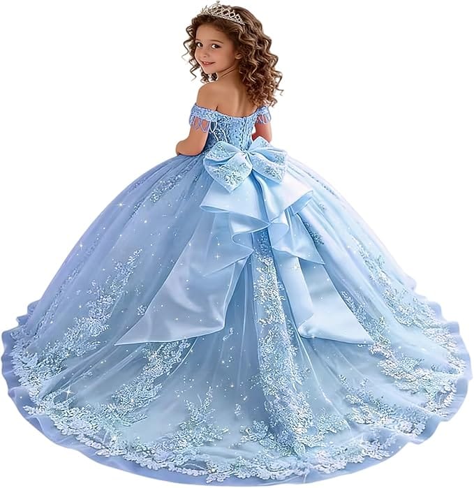 18m / Light Blue Sunnypetal Princess Off-the-Shoulder Lace Appliqué Tulle Ball Gown Flower Girl Dress with Bow