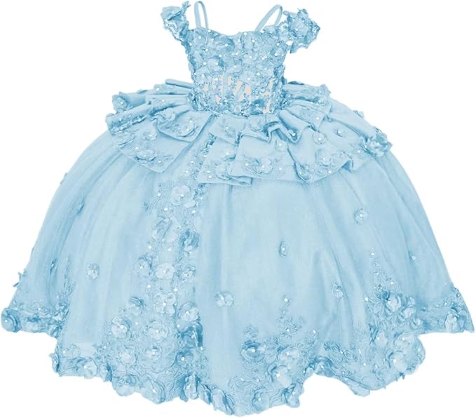 18m / Light Blue Sunnypetal Royal Blue 3D Floral Lace-Up Tulle Ball Gown Flower Girl Dress with Bows