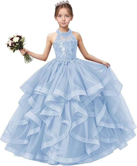 18m / Light Blue Sunnypetal Sequined Lace Appliqué Tiered Tulle Flower Girl Ball Gown with Halter Neck
