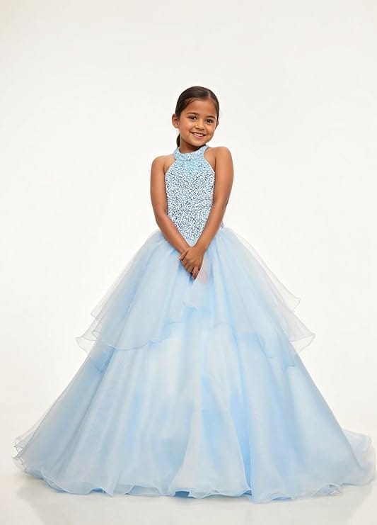 18m / Light Blue Sunnypetal Sparkling High Neck Ball Gown Flower Girl Dress with Beaded Bodice