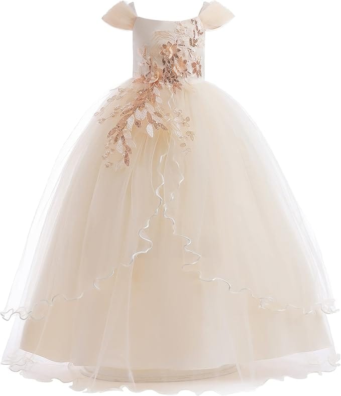 18m / Light Champagne Sunnypetal Elegant Off-the-Shoulder Floral Appliqués Flower Girl Ball Gown