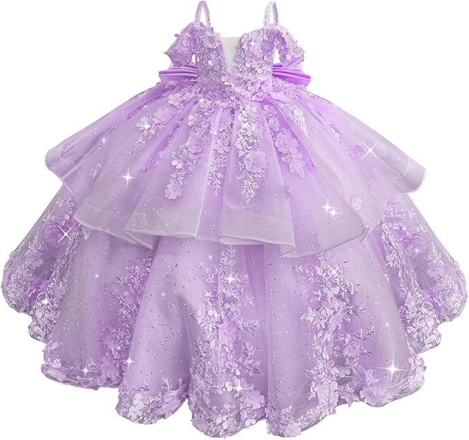 18m / Lilac Sunnypetal Elegant Pink Off-the-Shoulder Tulle Flower Girl Dress with 3D Floral Appliqués