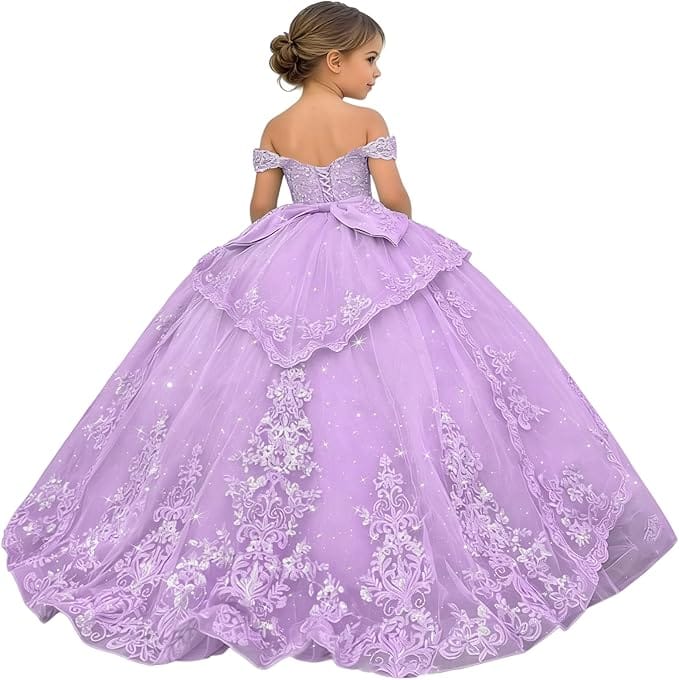 18m / Lilac Sunnypetal Glitter Layered Tulle Ball Gown Flower Girl Dress with Lace Appliqué and Bow