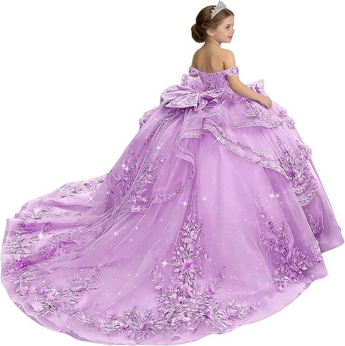 18m / Lilac Sunnypetal Glitter Layered Tulle Off-Shoulder Girls Pageant Ball Gown with Dramatic Train &amp; Bow