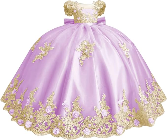 18m / Lilac Sunnypetal Gold Appliqué 3D Floral Beaded Flower Girl Dress with Bow and Train