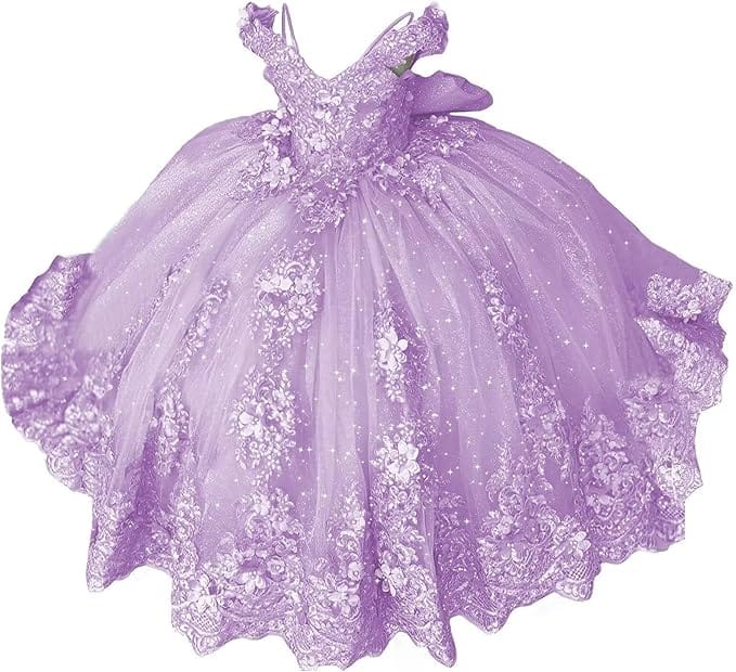 18m / Lilac Sunnypetal Lace Appliqué 3D Flower Girl Dress with Bow for First Communion &amp; Pageant