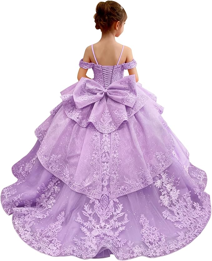 18m / Lilac Sunnypetal Lace Appliqué Layered Tulle Ball Gown Flower Girl Pageant Dress with Bow