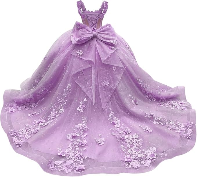 18m / Lilac Sunnypetal Light Blue 3D Floral Appliqué Tulle Ball Gown Flower Girl Dress with Bow