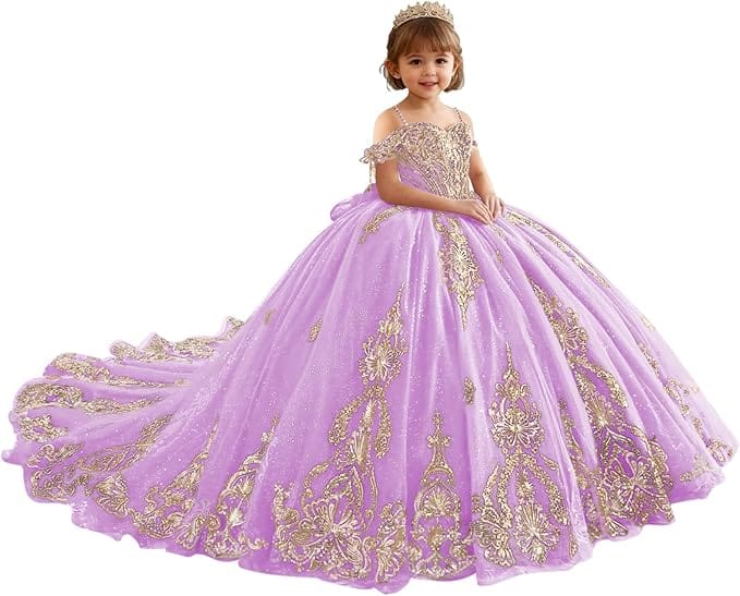 18m / Lilac Sunnypetal Luxury Red Gold Embroidery Tulle Ball Gown Flower Girl Dress with Bow