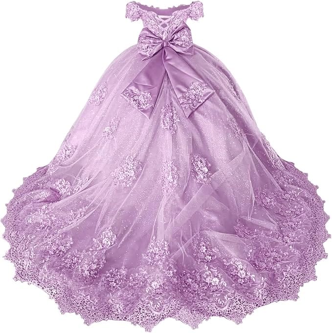 18m / Lilac Sunnypetal Off-Shoulder Lace Appliqué Flower Girl &amp; Pageant Ball Gown with Bow