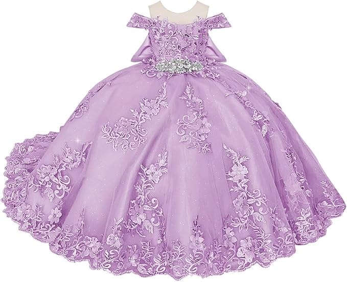 18m / Lilac Sunnypetal Off-Shoulder Lace Appliques Tulle Flower Ball Gown Dresses with Bow