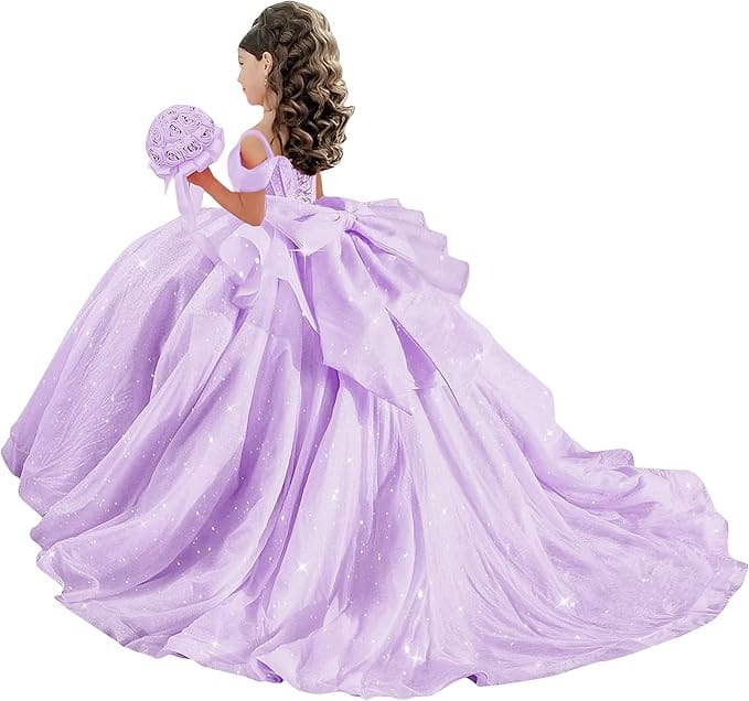 18m / Lilac Sunnypetal Off-Shoulder Sweetheart Glitter Tulle Flower Girl Dress with Pearls Bow