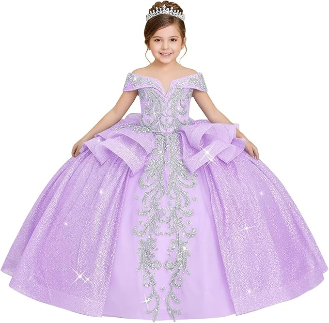 18m / Lilac Sunnypetal Off-the-Shoulder Glitter Princess Flower Girl Dress with Lace Appliqués