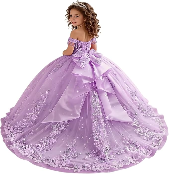 18m / Lilac Sunnypetal Princess Off-the-Shoulder Lace Appliqué Tulle Ball Gown Flower Girl Dress with Bow