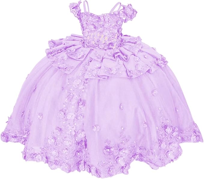 18m / Lilac Sunnypetal Royal Blue 3D Floral Lace-Up Tulle Ball Gown Flower Girl Dress with Bows