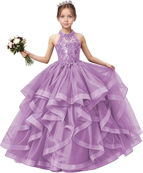 18m / Lilac Sunnypetal Sequined Lace Appliqué Tiered Tulle Flower Girl Ball Gown with Halter Neck