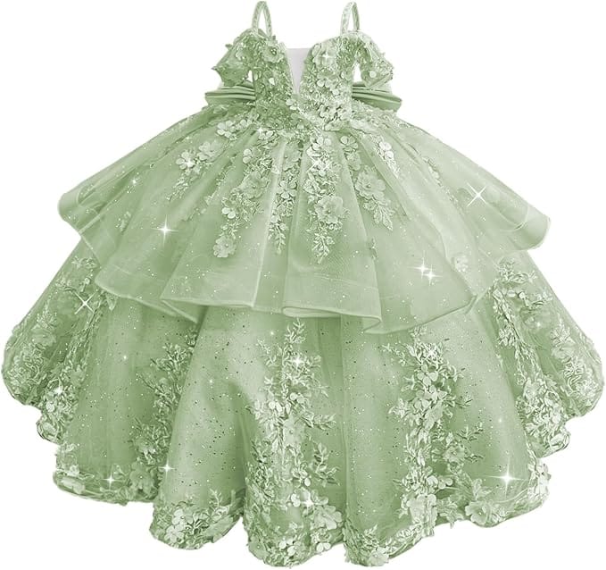 18m / Mint Green Sunnypetal Elegant Pink Off-the-Shoulder Tulle Flower Girl Dress with 3D Floral Appliqués