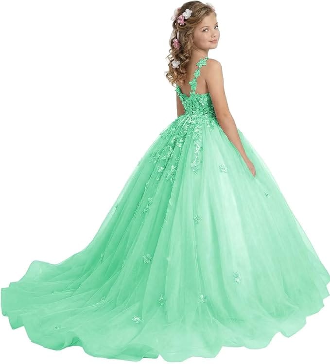 18m / Mint Green Sunnypetal Enchanted Blush Floral Lace Ball Gown Flower Girl Dress for Special Occasions