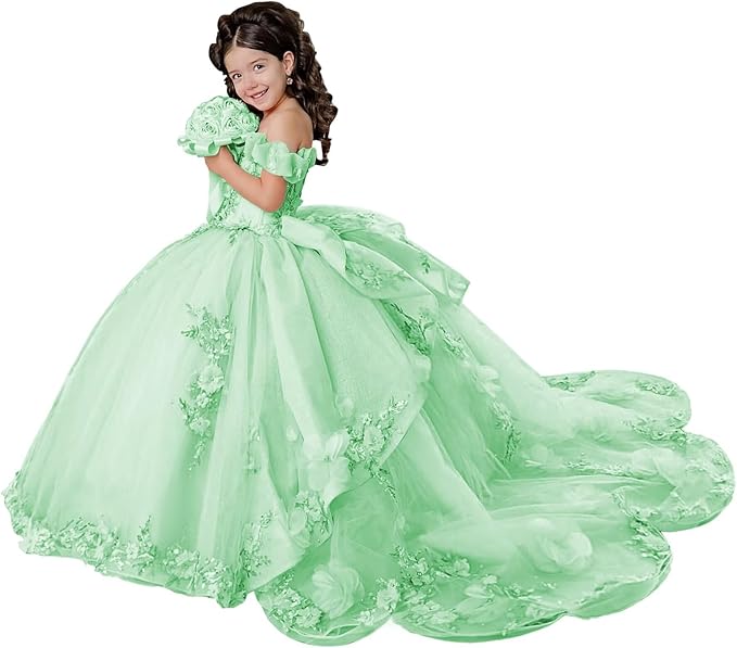 18m / Mint Green Sunnypetal Layered Tulle Off-Shoulder Flower Girl Pageant Dress with 3D Floral