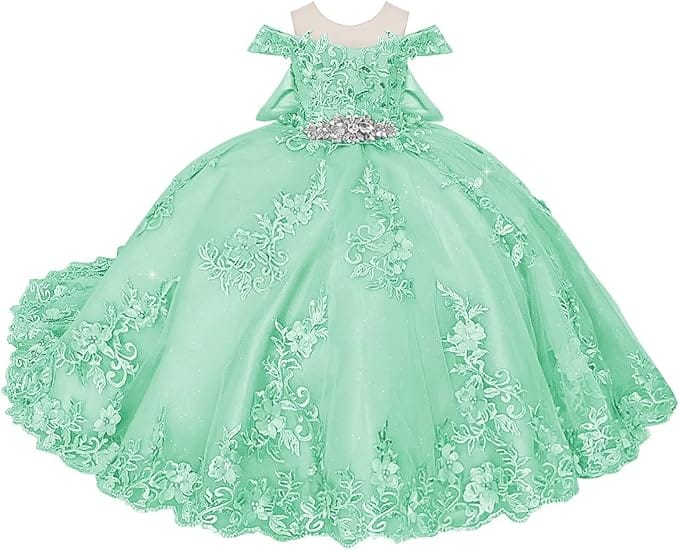 18m / Mint Green Sunnypetal Off-Shoulder Lace Appliques Tulle Flower Ball Gown Dresses with Bow