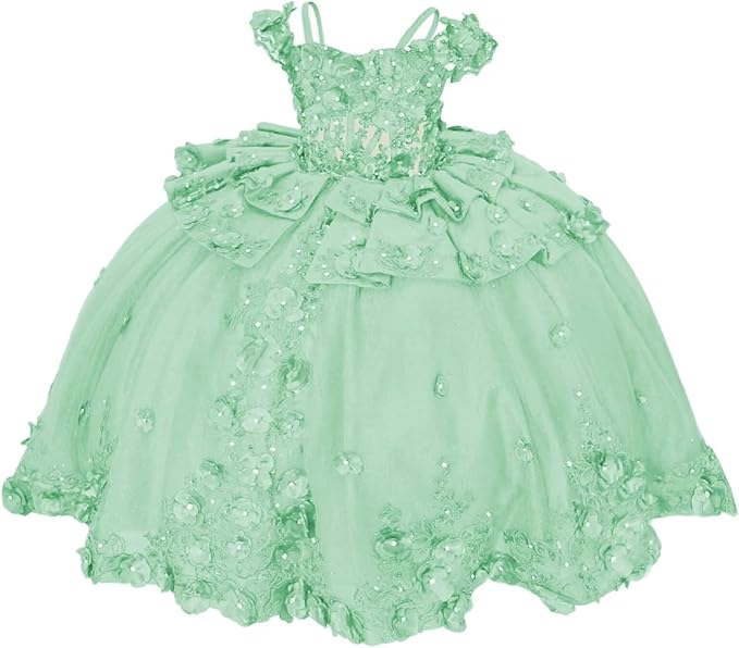 18m / Mint Green Sunnypetal Royal Blue 3D Floral Lace-Up Tulle Ball Gown Flower Girl Dress with Bows