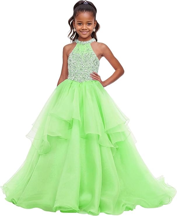 18m / Mint Green Sunnypetal Sparkling High Neck Ball Gown Flower Girl Dress with Beaded Bodice