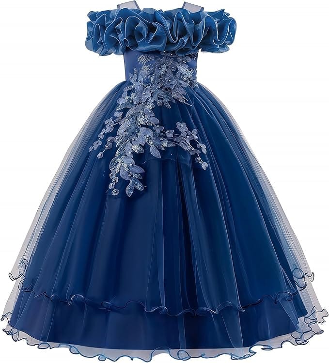 18m / Navy Blue Sunnypetal Romantic Off-the-Shoulder Tulle Flower Girl Dress with Floral Appliqués