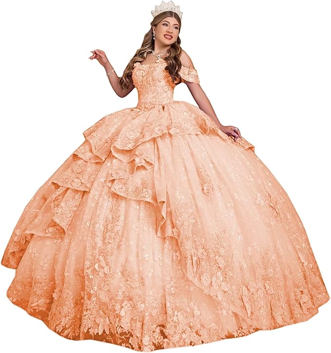 18m / Peach Sunnypetal Dreamy 3D Floral Tulle Ball Gown for Flower Girl or Pageant Party