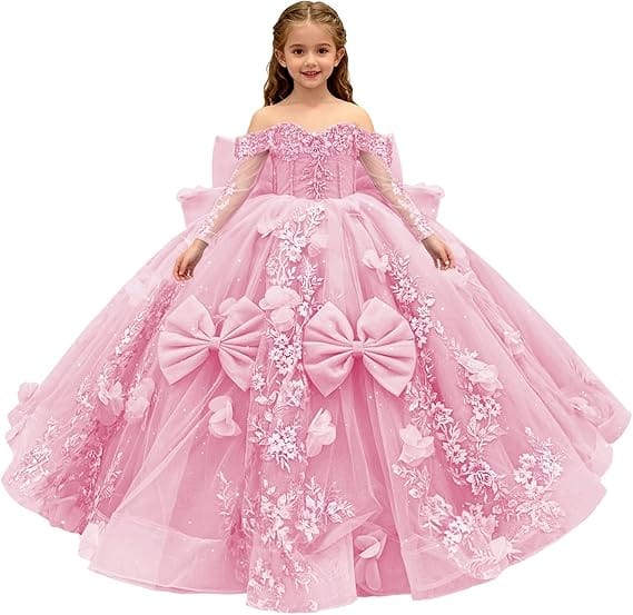 18m / Pink Sunnypetal 3D Floral Lace Appliqué Flower Girl Pageant Dress with Sleeves and Bow