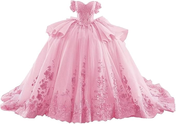 18m / Pink Sunnypetal Blue & Pink Off-Shoulder Flower Girl Ball Gown with 3D Floral Appliques