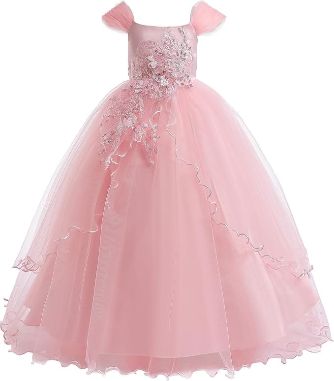 18m / Pink Sunnypetal Elegant Off-the-Shoulder Floral Appliqués Flower Girl Ball Gown
