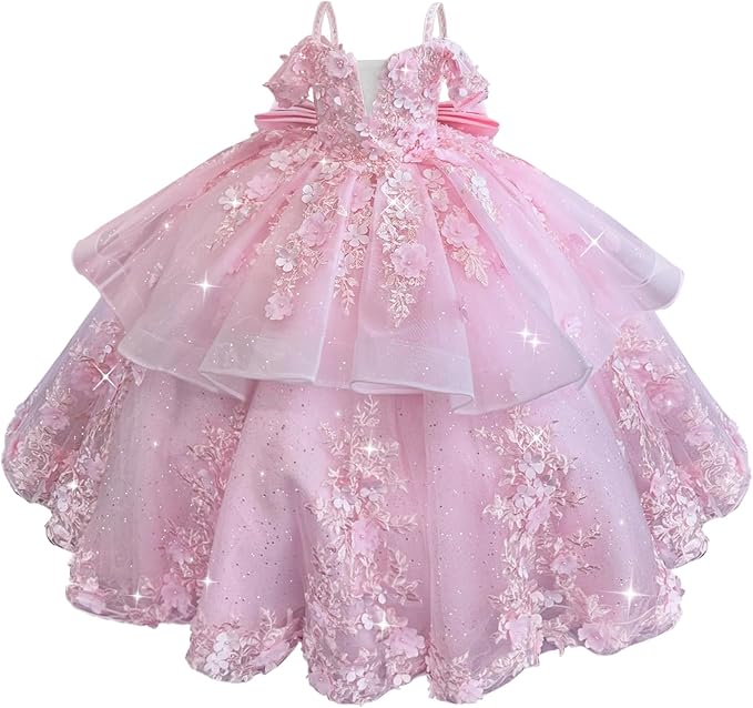 18m / Pink Sunnypetal Elegant Pink Off-the-Shoulder Tulle Flower Girl Dress with 3D Floral Appliqués