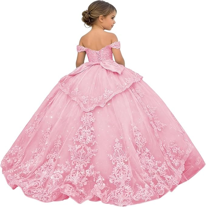 18m / Pink Sunnypetal Glitter Layered Tulle Ball Gown Flower Girl Dress with Lace Appliqué and Bow