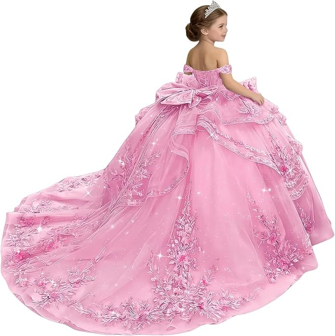 18m / Pink Sunnypetal Glitter Layered Tulle Off-Shoulder Girls Pageant Ball Gown with Dramatic Train &amp; Bow