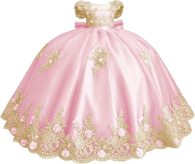 18m / Pink Sunnypetal Gold Appliqué 3D Floral Beaded Flower Girl Dress with Bow and Train