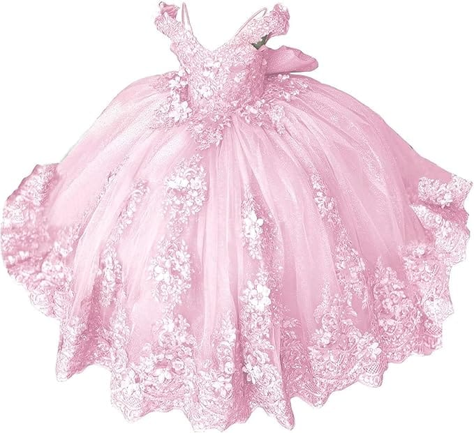 18m / Pink Sunnypetal Lace Appliqué 3D Flower Girl Dress with Bow for First Communion &amp; Pageant
