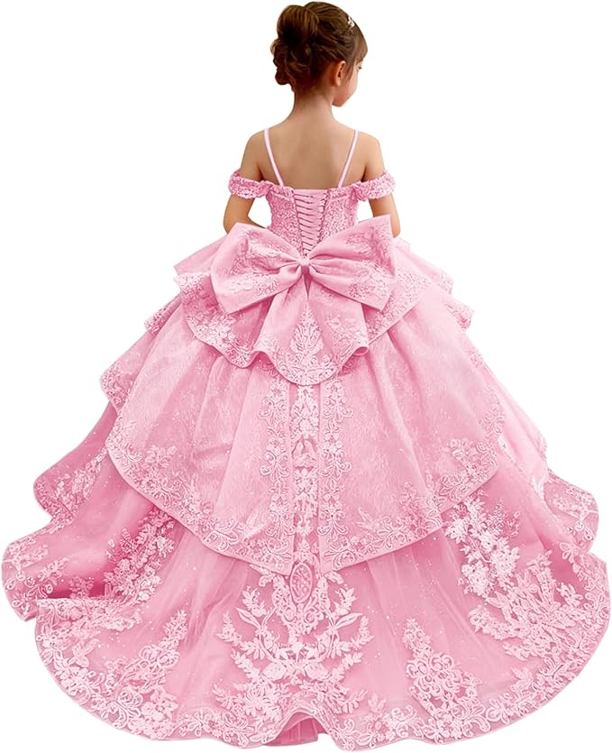 18m / Pink Sunnypetal Lace Appliqué Layered Tulle Ball Gown Flower Girl Pageant Dress with Bow