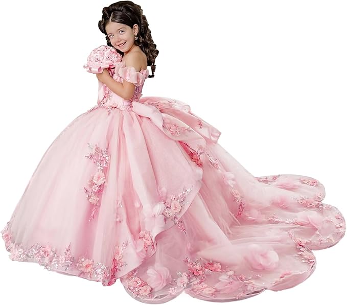 18m / Pink Sunnypetal Layered Tulle Off-Shoulder Flower Girl Pageant Dress with 3D Floral