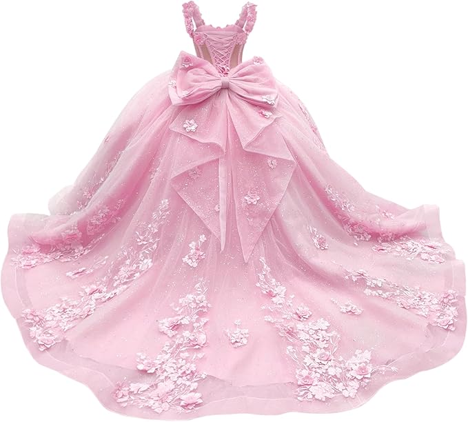 18m / Pink Sunnypetal Light Blue 3D Floral Appliqué Tulle Ball Gown Flower Girl Dress with Bow