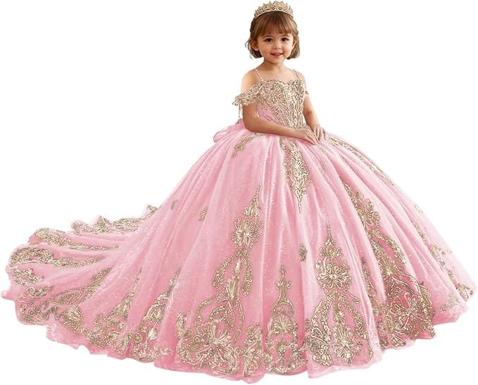 18m / Pink Sunnypetal Luxury Red Gold Embroidery Tulle Ball Gown Flower Girl Dress with Bow