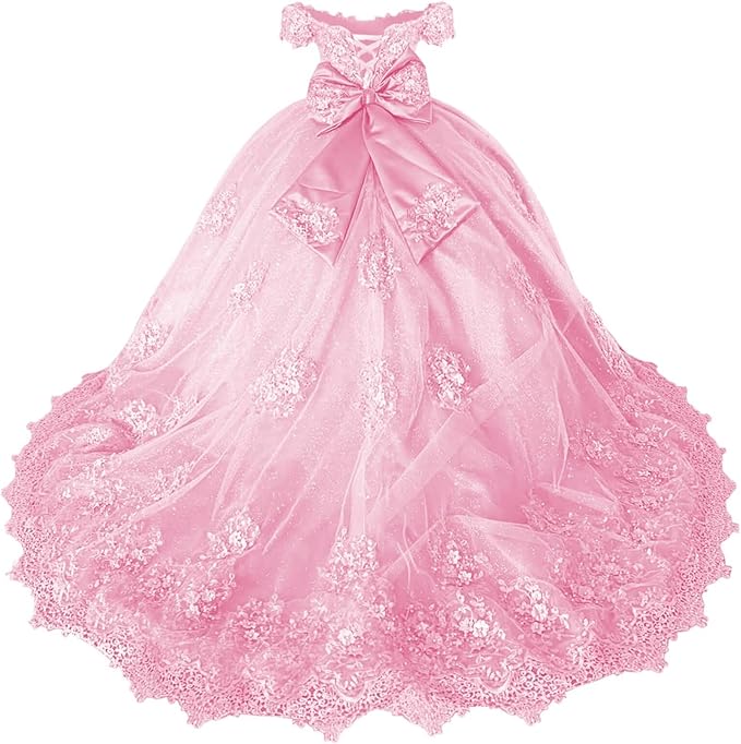 18m / Pink Sunnypetal Off-Shoulder Lace Appliqué Flower Girl &amp; Pageant Ball Gown with Bow