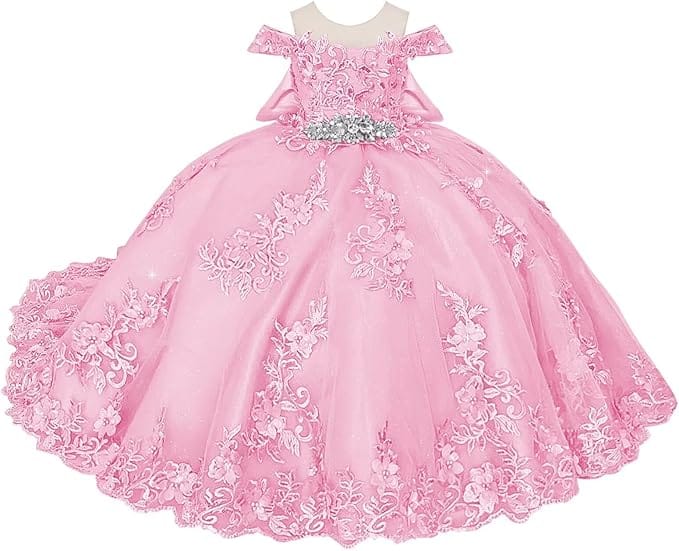 18m / Pink Sunnypetal Off-Shoulder Lace Appliques Tulle Flower Ball Gown Dresses with Bow